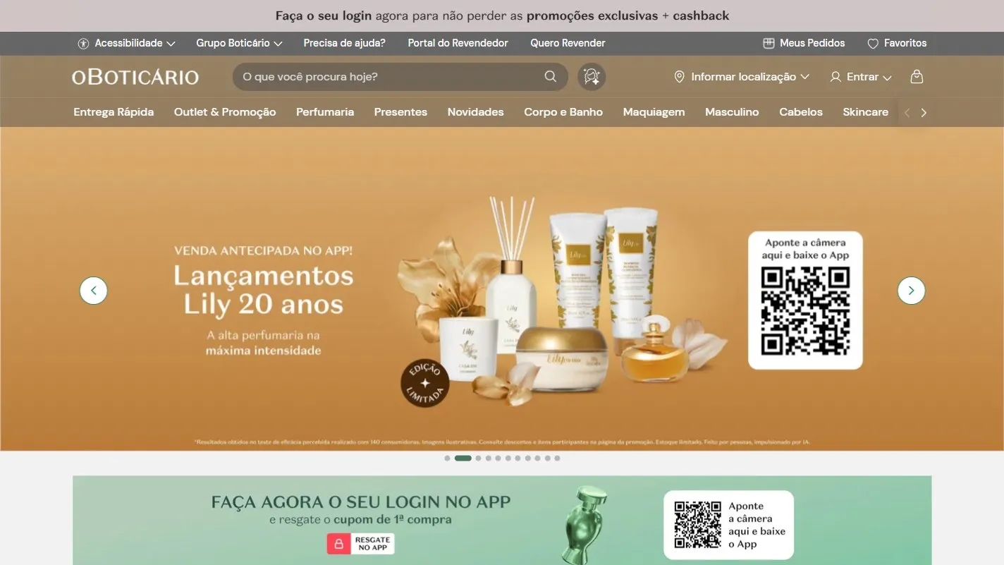 Página inicial do site de O Boticário