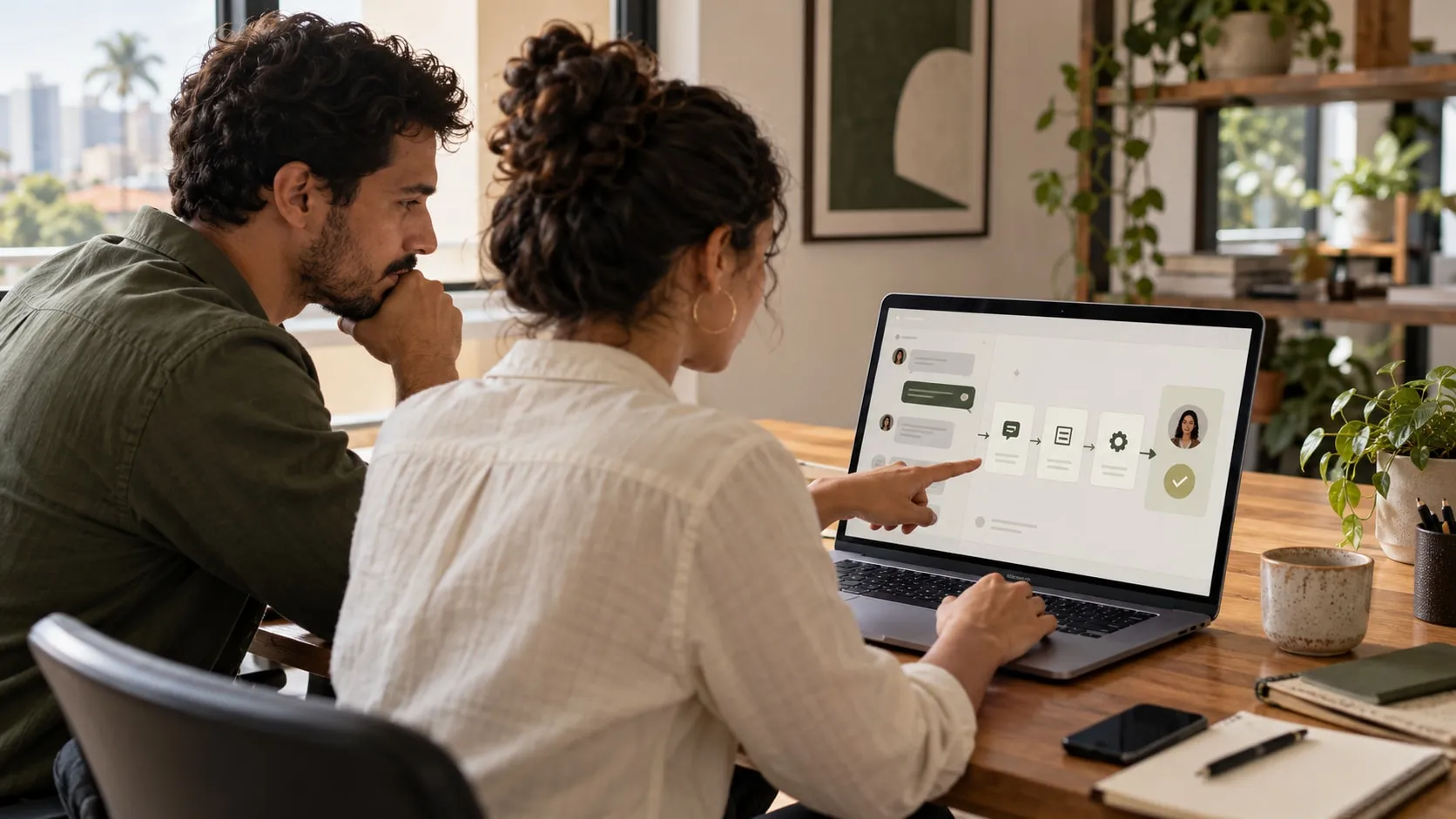 Dois profissionais analisam no notebook um atendimento assistido por IA e seu encaminhamento para uma pessoa