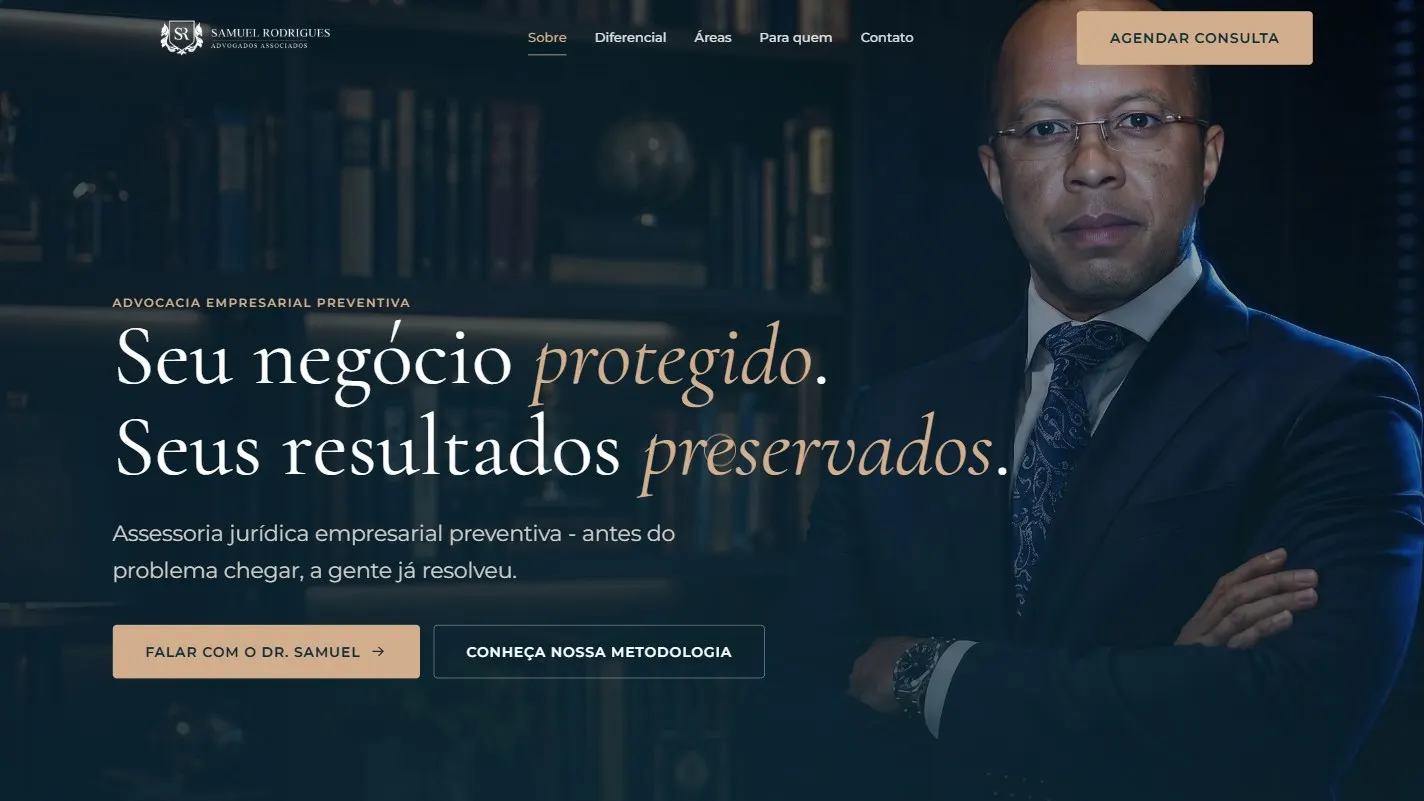 Página inicial do site do escritório Samuel Rodrigues Advogados Associados